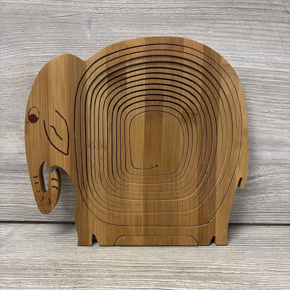 Wooden Elephant Spiral Cut Collapsible Fruit Bowl Basket Trivet (P2)